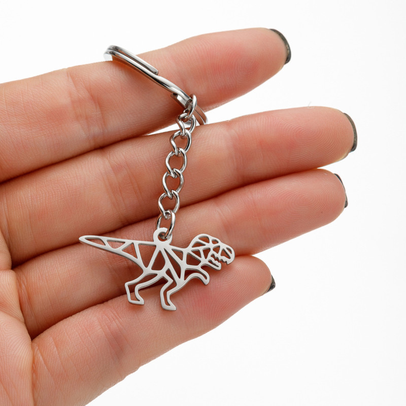 2025 stainless steel new product hollow origami cartoon dinosaur pendant keychain jewelry pendant hanging chain wholesale