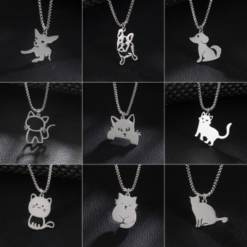 Cross-border stainless steel square pearl necklace jewelry punk style animal cartoon cat and dog pendant accessories men's chain wholesale