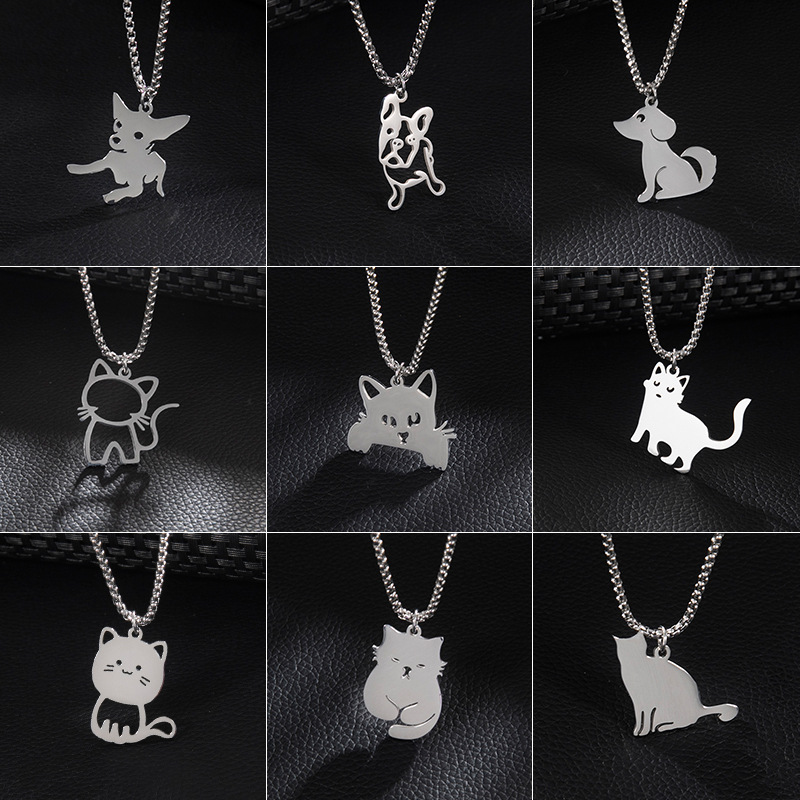 Cross-border stainless steel square pearl necklace jewelry punk style animal cartoon cat and dog pendant accessories men's chain wholesale