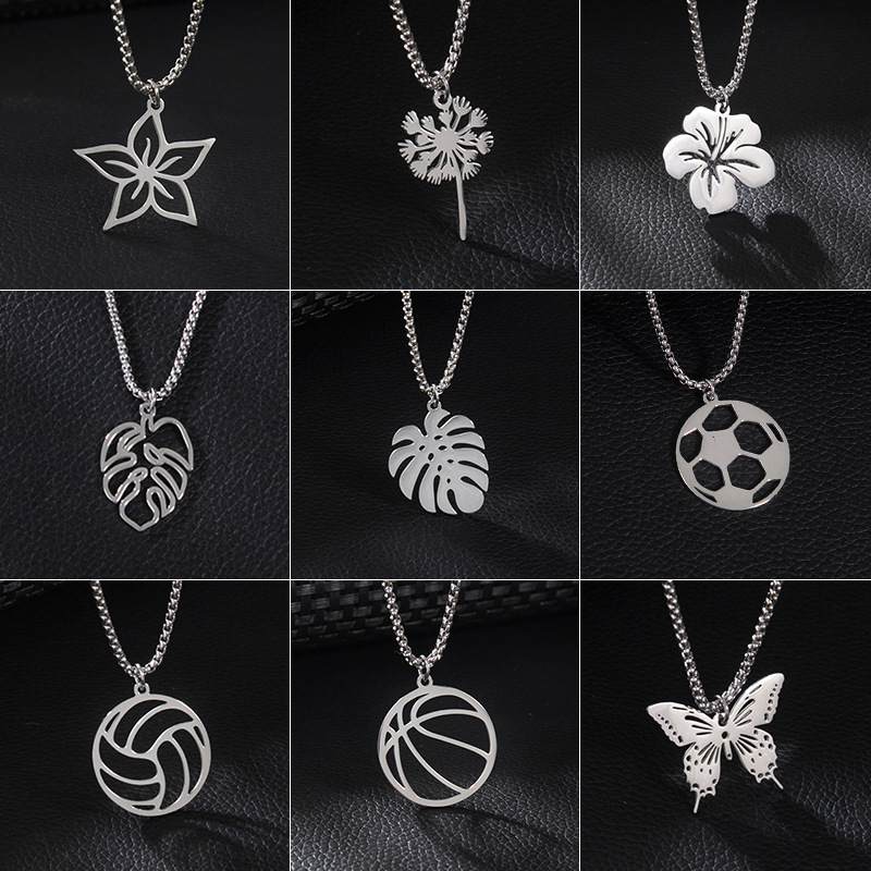 Foreign trade accessories niche new product stainless steel hollow volleyball plant flower butterfly pendant necklace jewelry wholesale for men