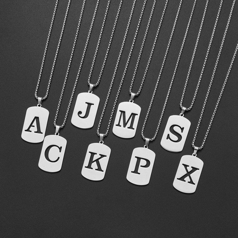 Cross-border European and American men's simple niche versatile accessories geometric square hollow 26 English letters pendant necklace