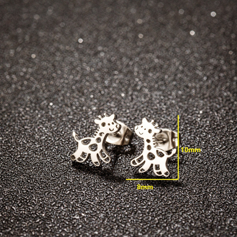Fashionable temperament cute deer giraffe earrings ins women's stainless steel hollow cute cartoon animal earrings