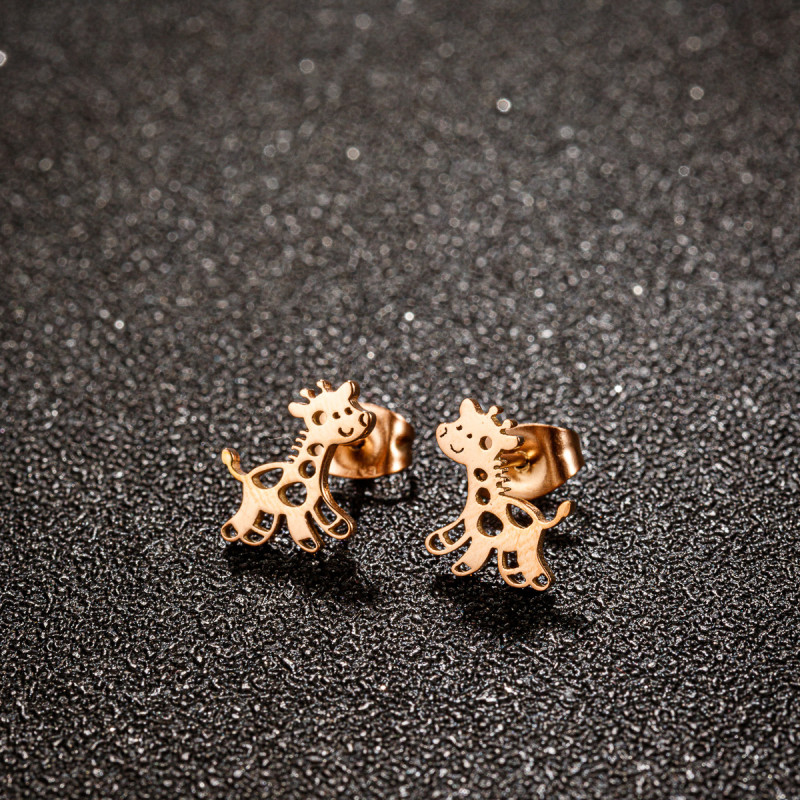 Fashionable temperament cute deer giraffe earrings ins women's stainless steel hollow cute cartoon animal earrings