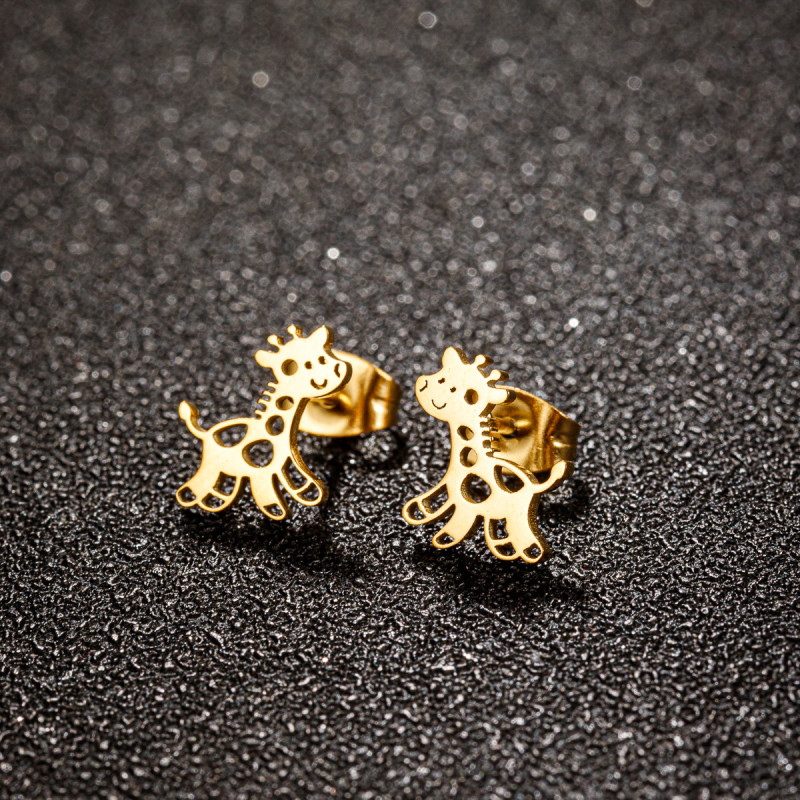 Fashionable temperament cute deer giraffe earrings ins women's stainless steel hollow cute cartoon animal earrings