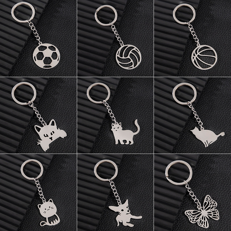 Cross-border stainless steel keychain fashionable non-fading geometric round volleyball football pendant animal pendant wholesale