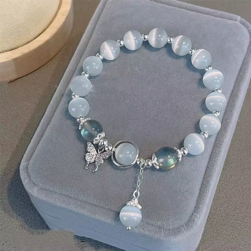Glass elastic adjustable butterfly bracelet in niche design gray moonlight bracelet versatile temperament trendy student gift