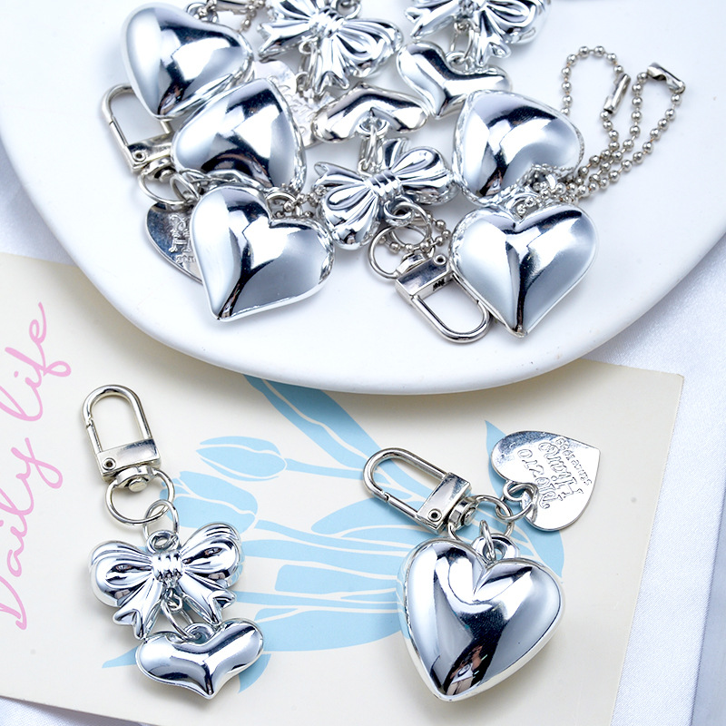 New white K silver love bow key chain pendant creative bead chain pendant mobile phone lanyard luggage accessories