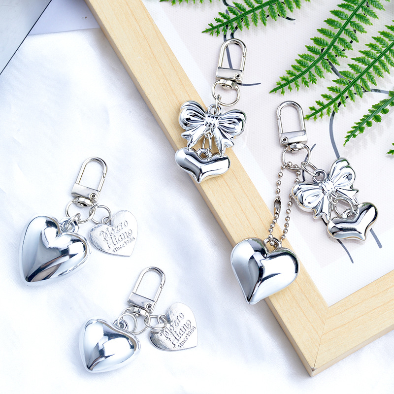 New white K silver love bow key chain pendant creative bead chain pendant mobile phone lanyard luggage accessories