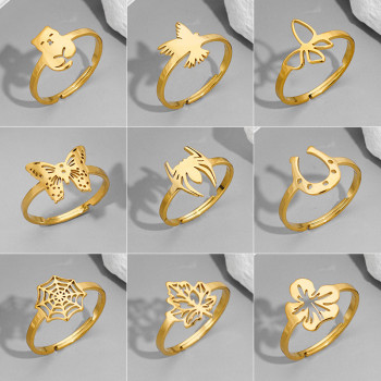 European and American 18K gold rings fashion couple style stainless steel spider web butterfly bird ring opening cross-border accessories