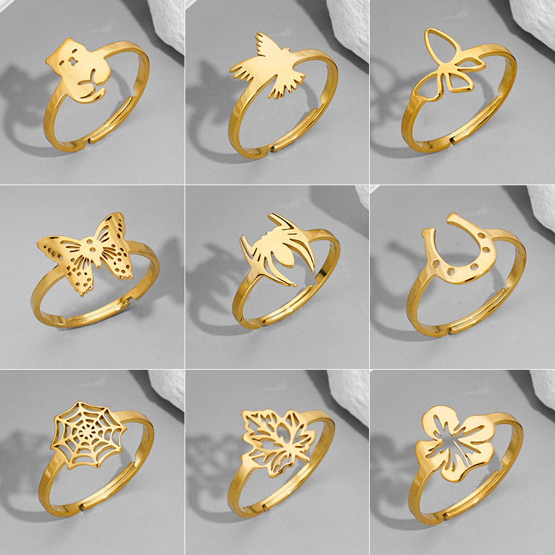 European and American 18K gold rings fashion couple style stainless steel spider web butterfly bird ring opening cross-border accessories