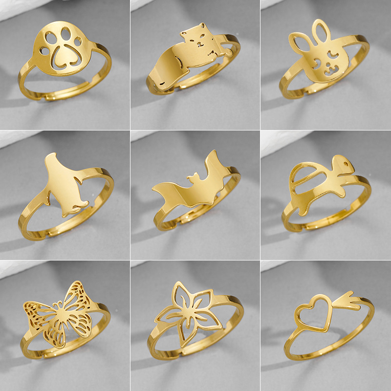 Stainless steel ring female niche light luxury cute little animal turtle penguin rabbit bat butterfly open ring
