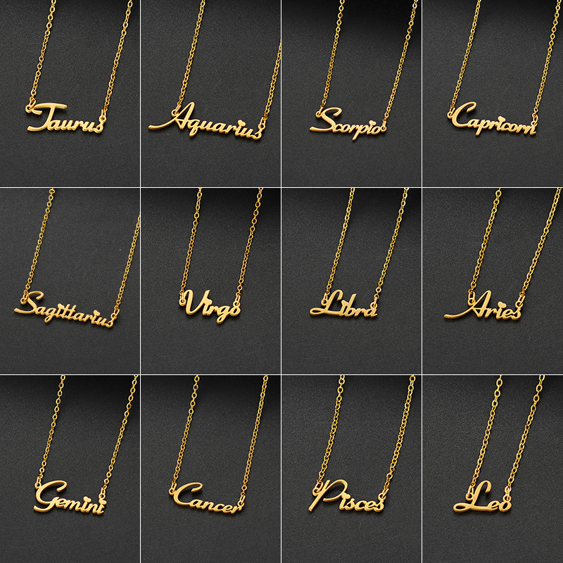 European and American cross-border stainless steel twelve constellations English jewelry accessories new women's simple personalized stacking necklace wholesale