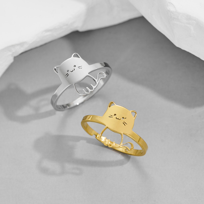 Japanese fashion personalized opening adjustable ring stainless steel cute cat women's hand accessories cross-border spot wholesale