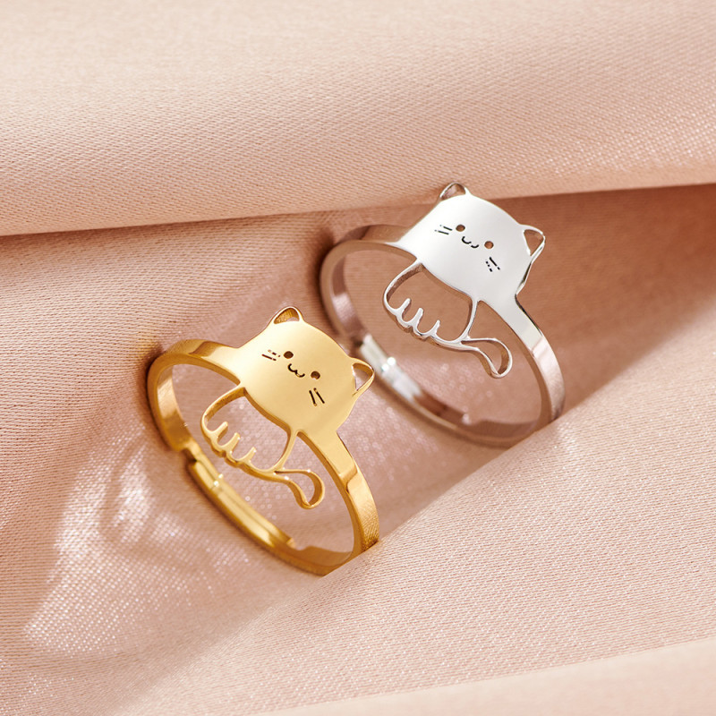 Japanese fashion personalized opening adjustable ring stainless steel cute cat women's hand accessories cross-border spot wholesale