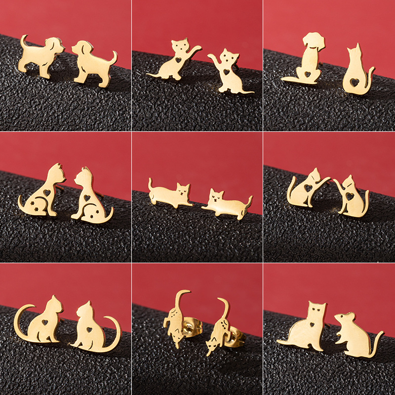 New cross-border simple and cute asymmetrical cat and puppy earrings ins personalized hollow love-shaped earrings wholesale