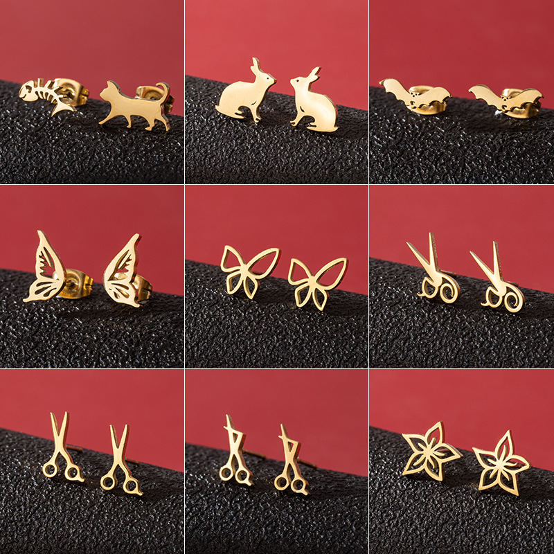 Cross-border Korean version stainless steel small animal earrings ins girls cute butterfly rabbit asymmetrical cat fish earrings