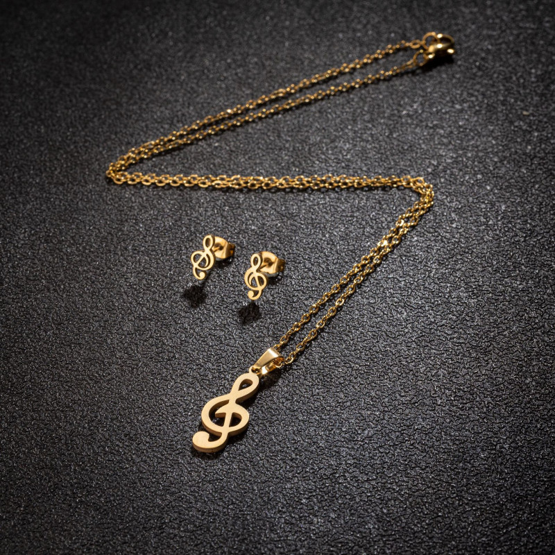 Korean style girls music series stainless steel note pendant necklace earrings three-piece jewelry set sweet jewelry