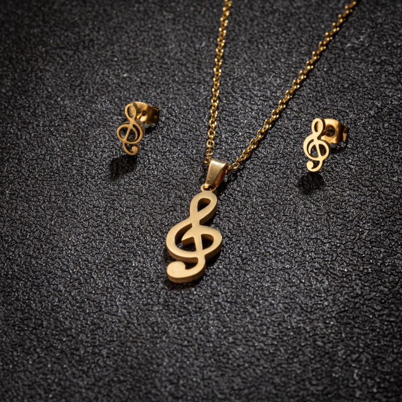 Korean style girls music series stainless steel note pendant necklace earrings three-piece jewelry set sweet jewelry