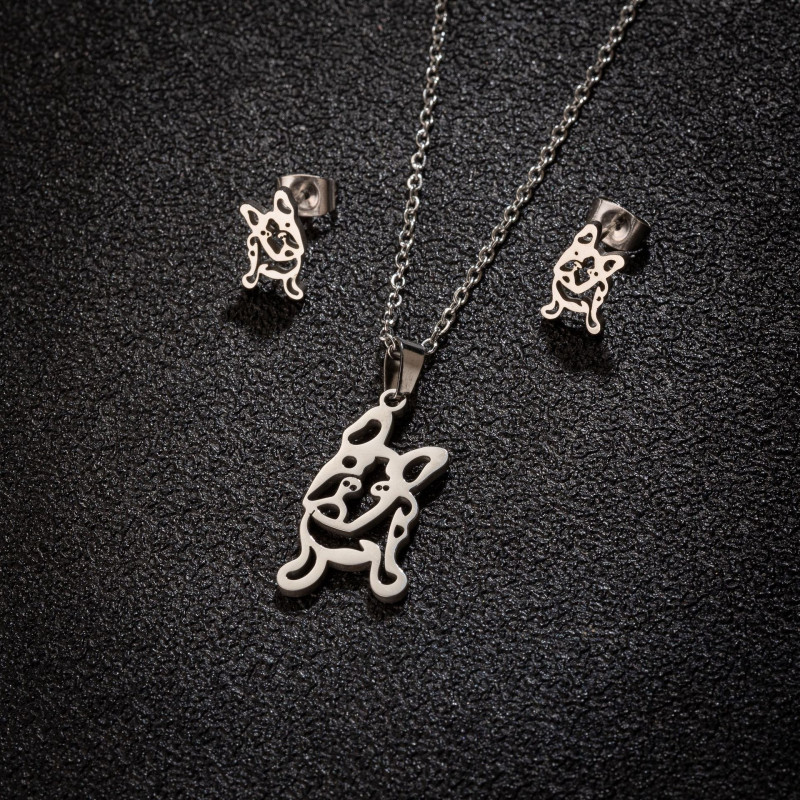 European and American cross-border stainless steel jewelry three-piece animal pug chihuahua gecko bird necklace earring set
