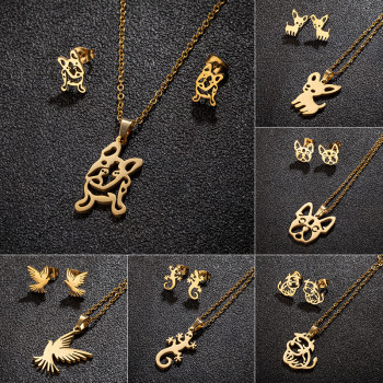 European and American cross-border stainless steel jewelry three-piece animal pug chihuahua gecko bird necklace earring set