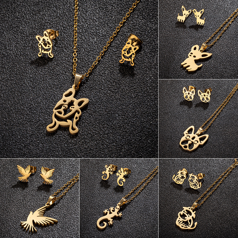 European and American cross-border stainless steel jewelry three-piece animal pug chihuahua gecko bird necklace earring set