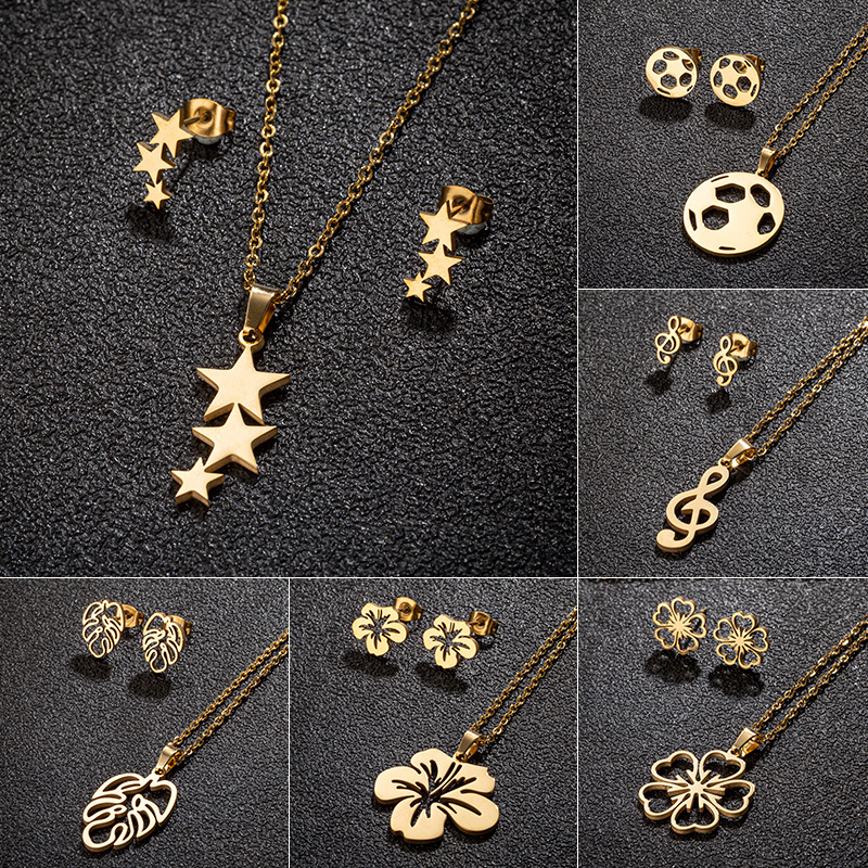 2025 autumn and winter new stainless steel plant stamen flowers palm leaf pendant earrings three-piece set wholesale