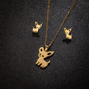 Cross-border new products in stock stainless steel niche Chihuahua cute animal necklace earrings three-piece jewelry wholesale