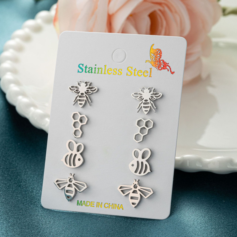 European and American cross-border small fresh stainless steel bee nest earrings 4 pairs of one card combination set earrings wholesale