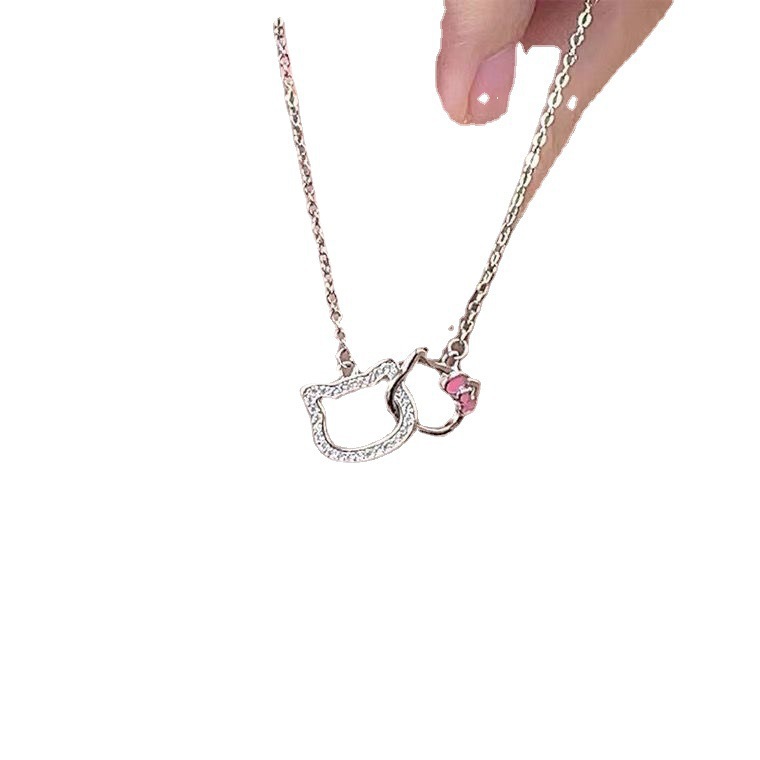 Double KT cat necklace interlocking cute girl cartoon shiny sweet hellokitty Hello Kitty clavicle chain