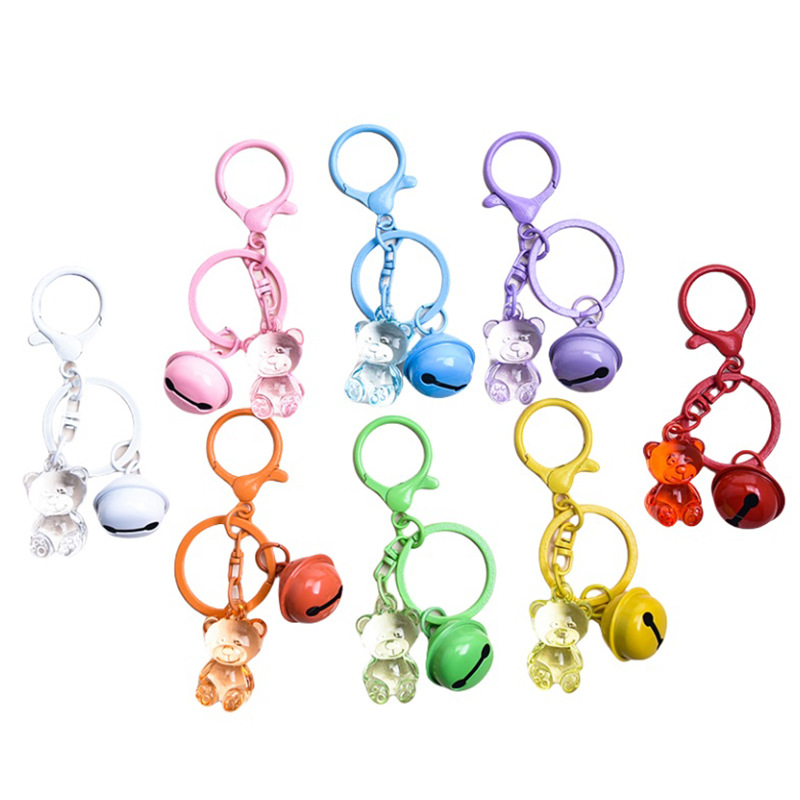 Creative candy-colored transparent bear key ring bell pendant lobster clasp three-piece set diy pendant jewelry wholesale