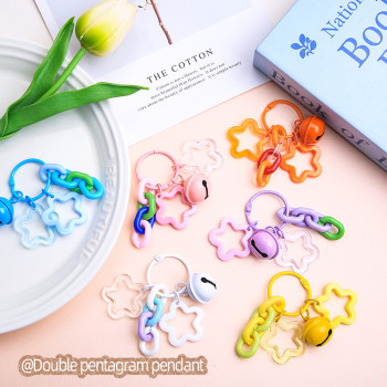 Colorful double five-pointed star chain buckle keychain pendant candy-colored bell diy jewelry accessories cute bag decoration
