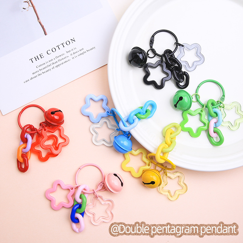Colorful double five-pointed star chain buckle keychain pendant candy-colored bell diy jewelry accessories cute bag decoration