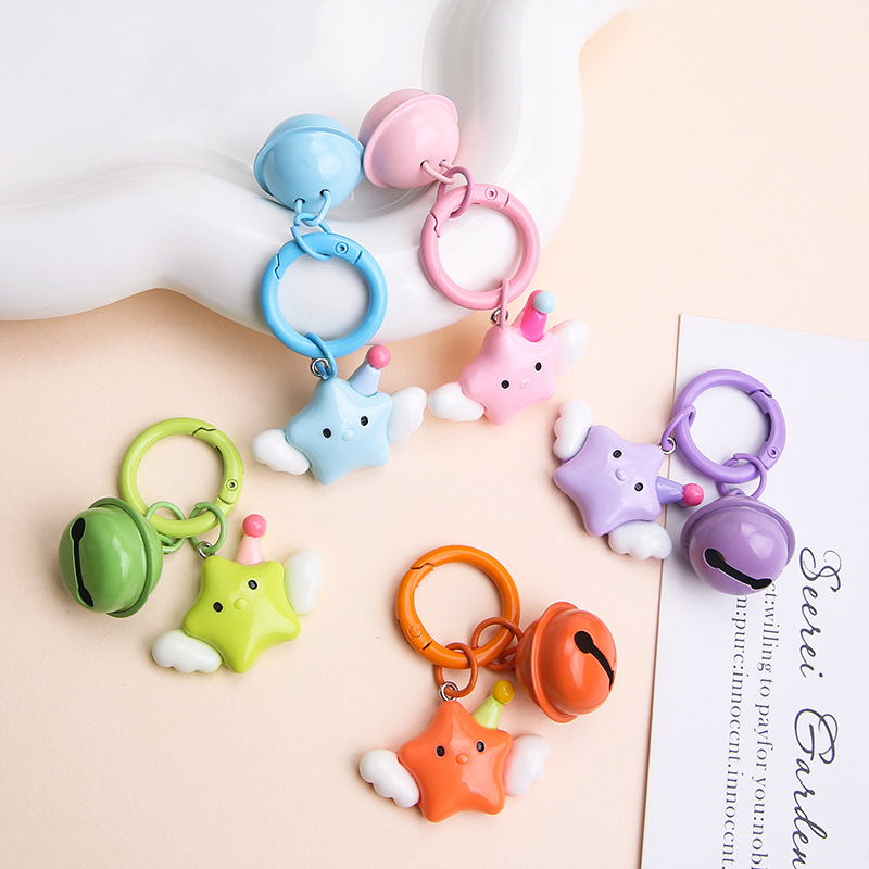 Creative dopamine star wings keychain pendant colorful bell jewelry accessories cute student school bag pendant
