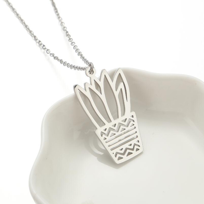 INS simple light luxury style stainless steel small fresh plant cactus potted sweater necklace autumn and winter clavicle chain