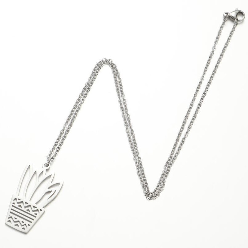 INS simple light luxury style stainless steel small fresh plant cactus potted sweater necklace autumn and winter clavicle chain