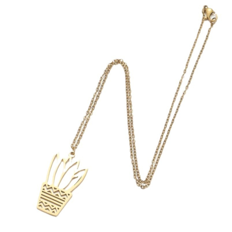 INS simple light luxury style stainless steel small fresh plant cactus potted sweater necklace autumn and winter clavicle chain