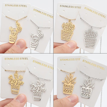 INS simple light luxury style stainless steel small fresh plant cactus potted sweater necklace autumn and winter clavicle chain