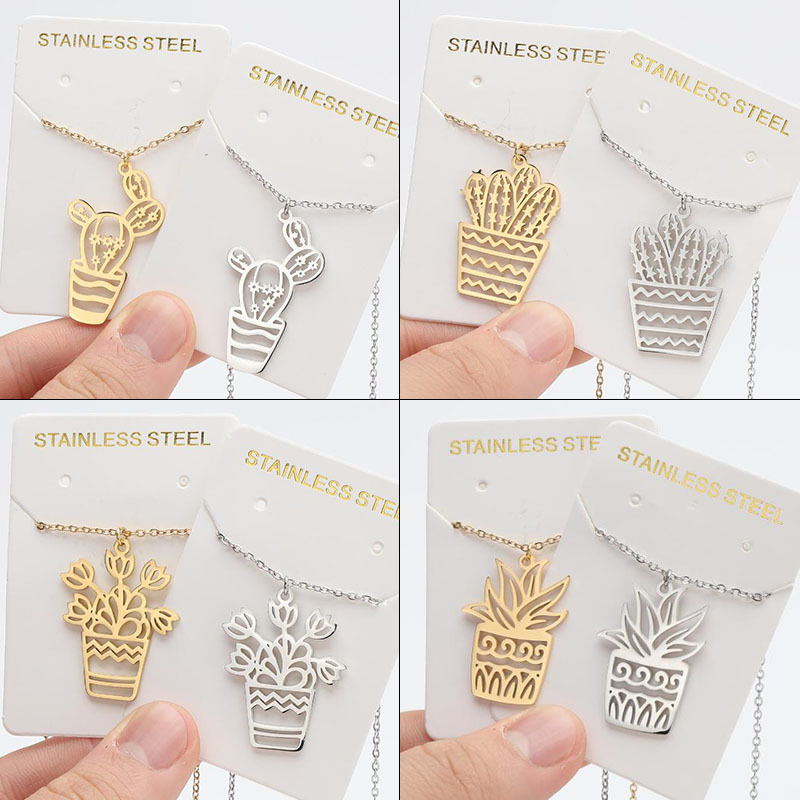 INS simple light luxury style stainless steel small fresh plant cactus potted sweater necklace autumn and winter clavicle chain
