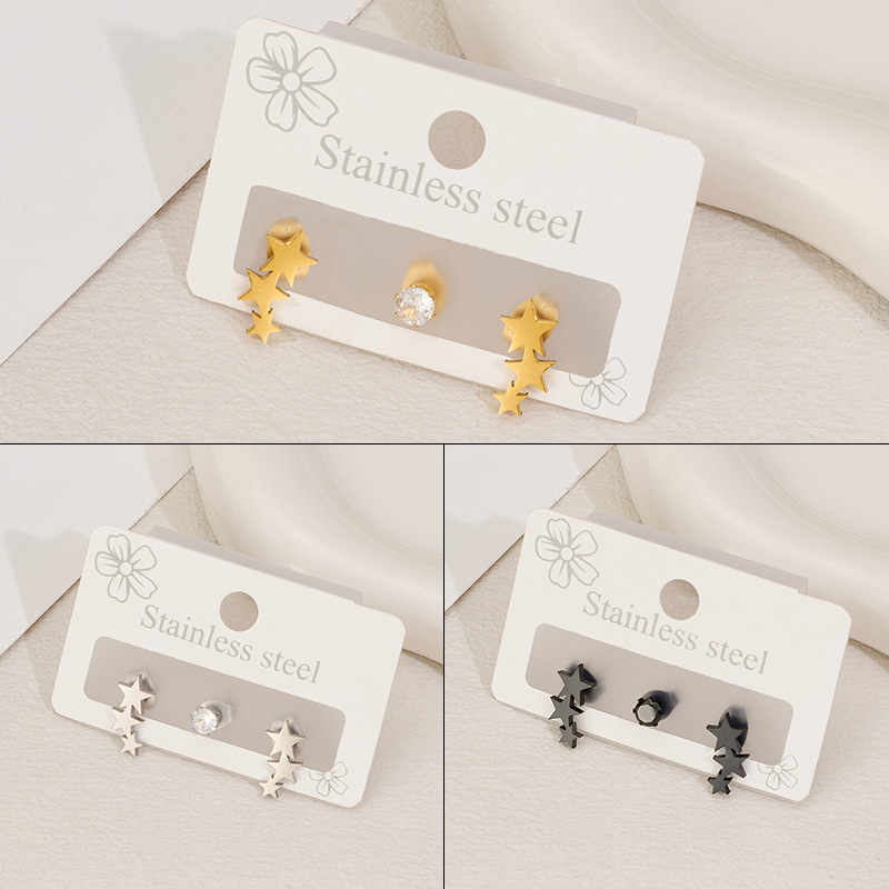 A set of 3 stainless steel zircon combination earrings set ins simple stainless steel small star five-pointed star earrings
