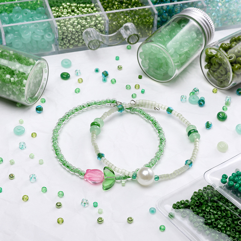 Green national style glass beads rice beads DIY handmade beads bracelet necklace jewelry accessories