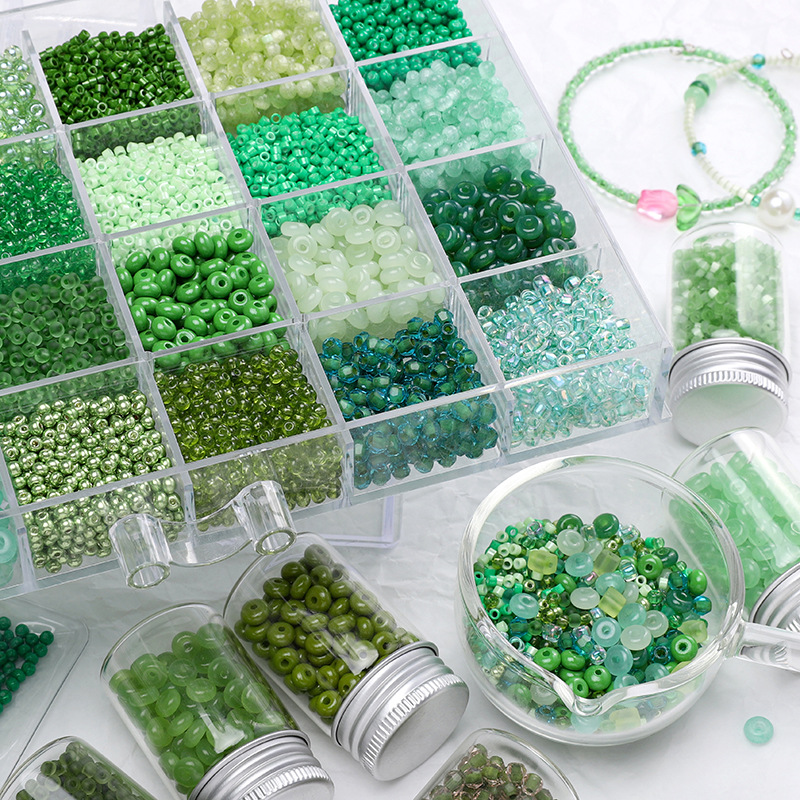 Green national style glass beads rice beads DIY handmade beads bracelet necklace jewelry accessories