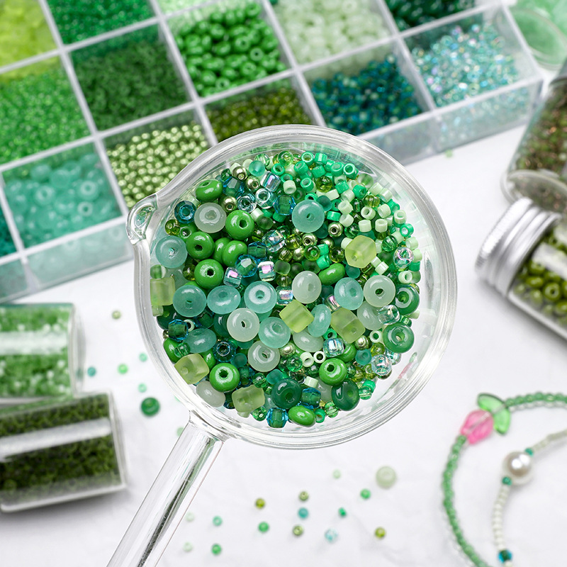 Green national style glass beads rice beads DIY handmade beads bracelet necklace jewelry accessories