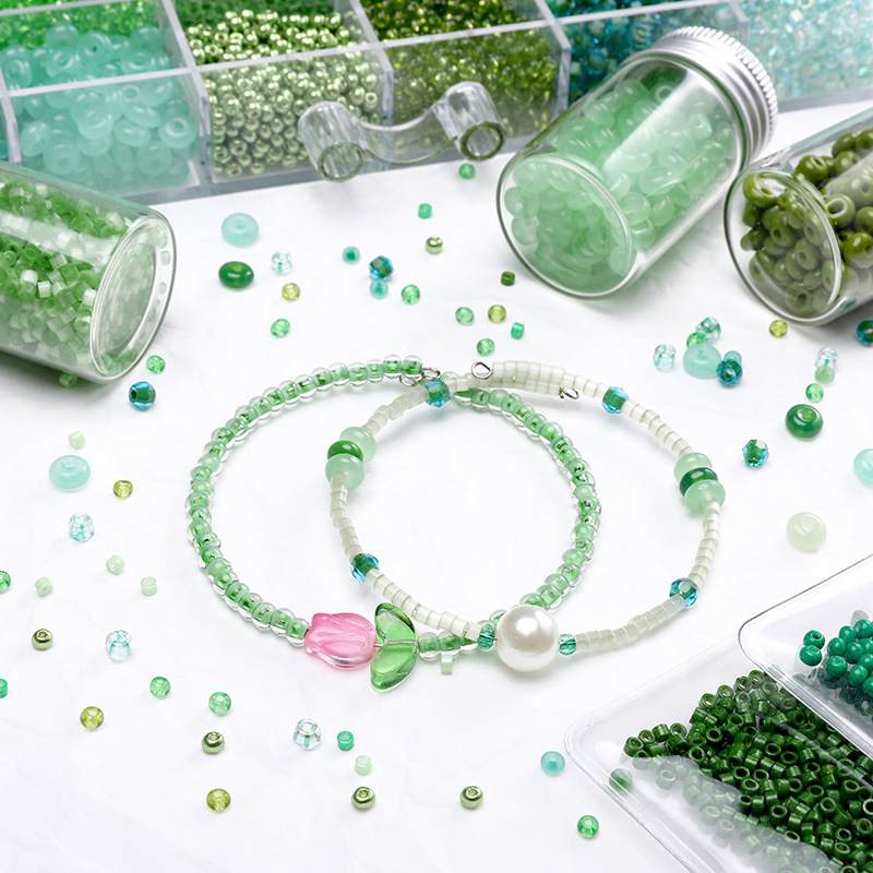 Green national style glass beads rice beads DIY handmade beads bracelet necklace jewelry accessories