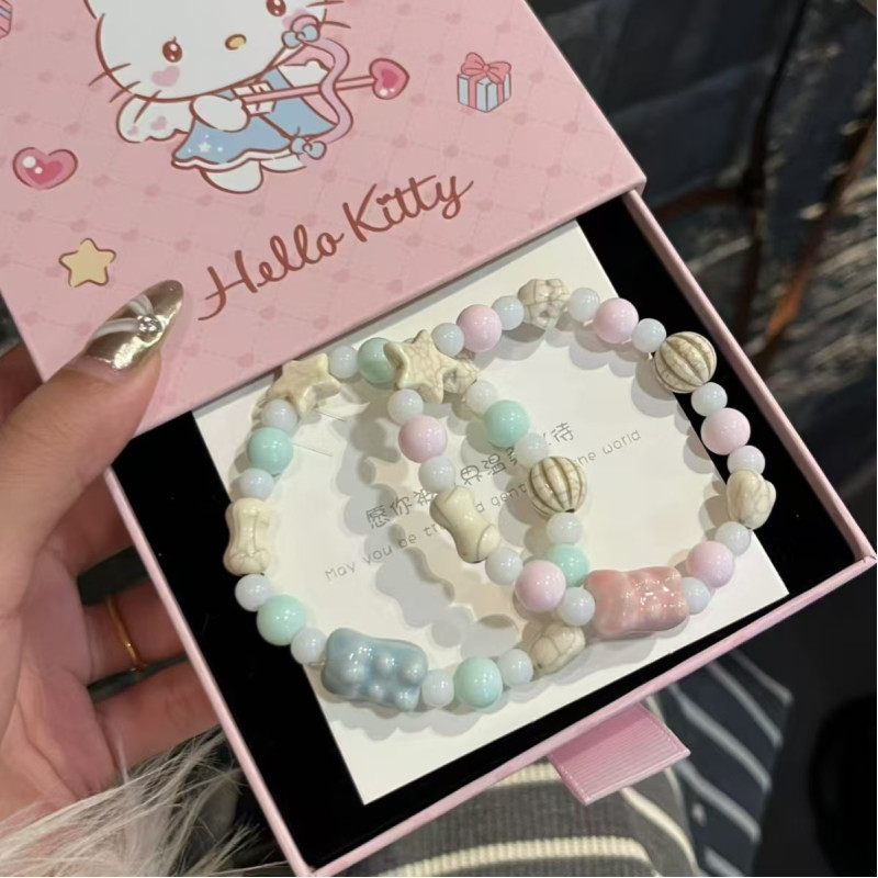Little Bear Jingdezhen Ceramic Bracelet Gradient Bracelet Single Circle Elastic Cord Sweet and Versatile Color Macaron Bracelet