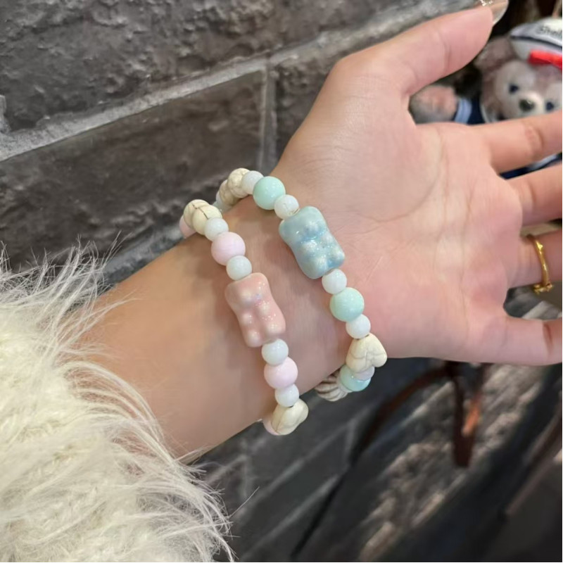 Little Bear Jingdezhen Ceramic Bracelet Gradient Bracelet Single Circle Elastic Cord Sweet and Versatile Color Macaron Bracelet