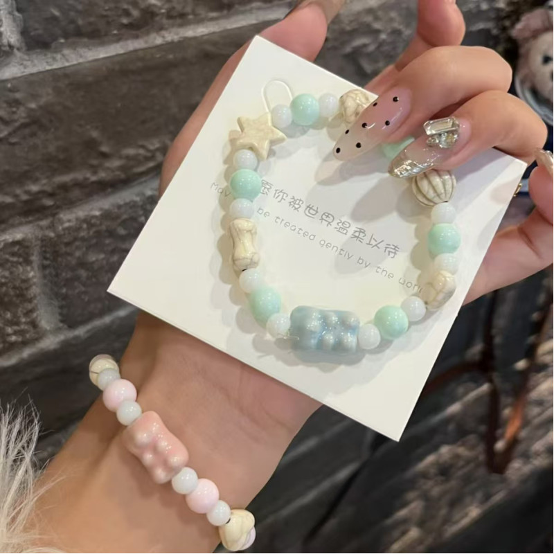 Little Bear Jingdezhen Ceramic Bracelet Gradient Bracelet Single Circle Elastic Cord Sweet and Versatile Color Macaron Bracelet