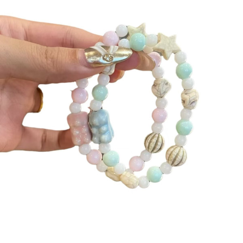 Little Bear Jingdezhen Ceramic Bracelet Gradient Bracelet Single Circle Elastic Cord Sweet and Versatile Color Macaron Bracelet