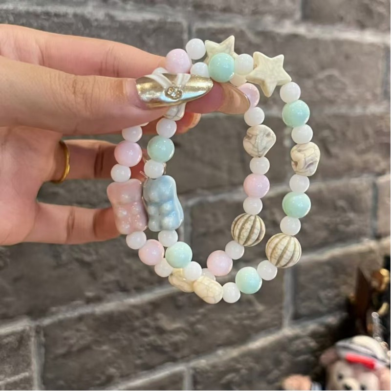 Little Bear Jingdezhen Ceramic Bracelet Gradient Bracelet Single Circle Elastic Cord Sweet and Versatile Color Macaron Bracelet