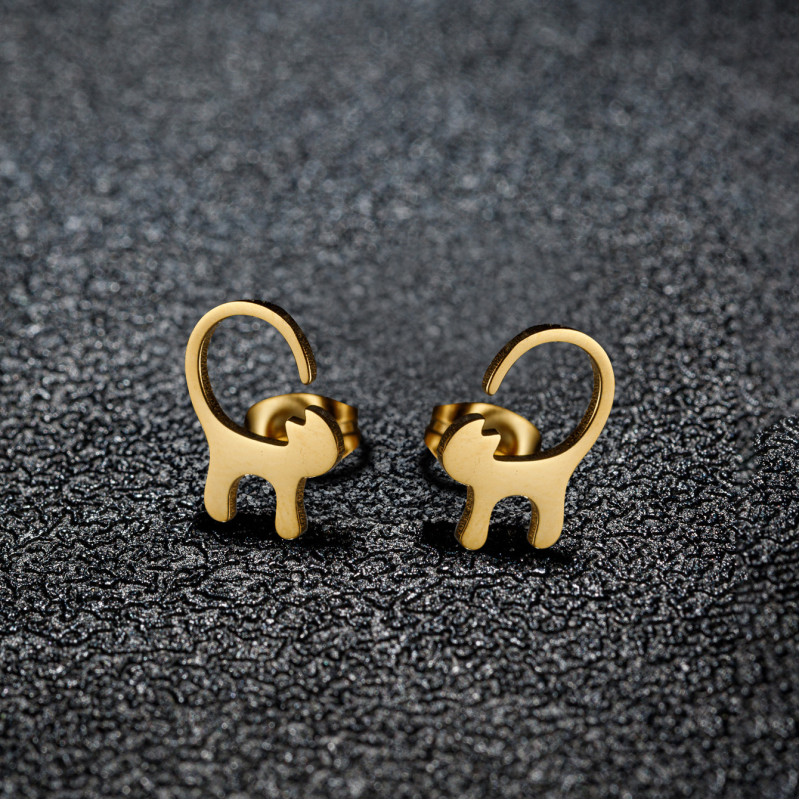 Simple and versatile glossy long tail cat earrings ins female cartoon cute stainless steel pet animal ear jewelry