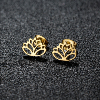 Japanese and Korean version of spring new stainless steel cut hollow lotus stamen earrings, fashionable and simple piercing earrings